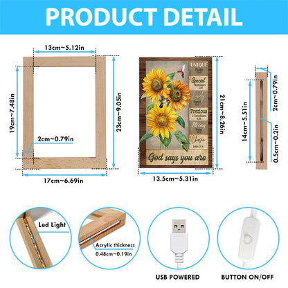 God Says You Are Hummingbird Sunflower Christian Frame Lamp Prints - Bible Verse Wooden Lamp - Scripture Night Light