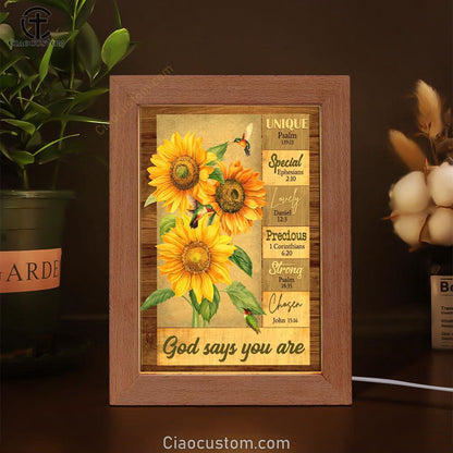 God Says You Are Hummingbird Sunflower Christian Frame Lamp Prints - Bible Verse Wooden Lamp - Scripture Night Light