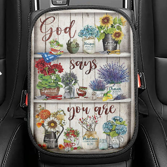 God Says You Are Hummingbird Sunflower Christian Seat Box Cover, Bible Verse Car Center Console Cover, Scripture Car Interior Accessories