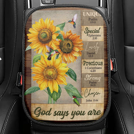 God Says You Are Piano Keys Gorgeous Butterfly Bible Verse Flowers Seat Box Cover, Christian Car Center Console Cover