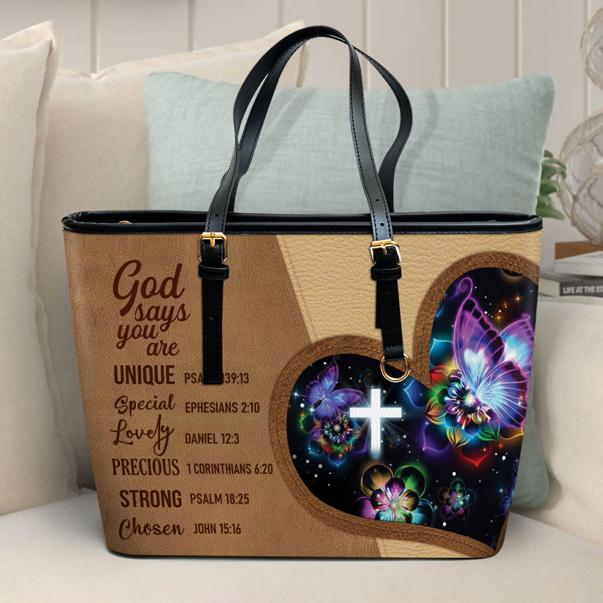 God Says You Are Precious Flower Large Leather Tote Bag - Christ Gifts For Religious Women - Best Mother's Day Gifts