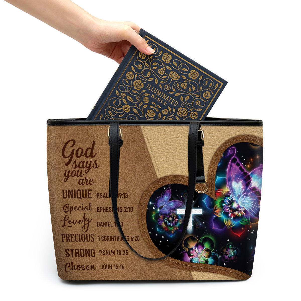 God Says You Are Precious Flower Large Leather Tote Bag - Christ Gifts For Religious Women - Best Mother's Day Gifts
