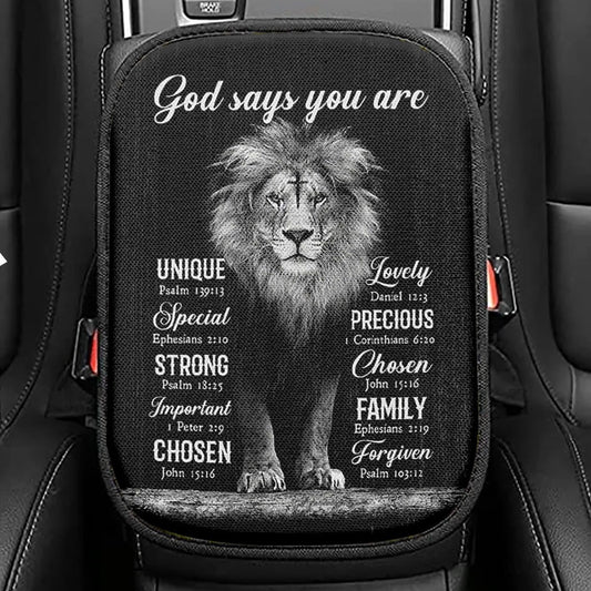 God Says You Are Seat Box Cover Beautiful Girl On The Beach Seat Box Cover, Christian Car Center Console Cover, Bible Verse Car Interior Accessories