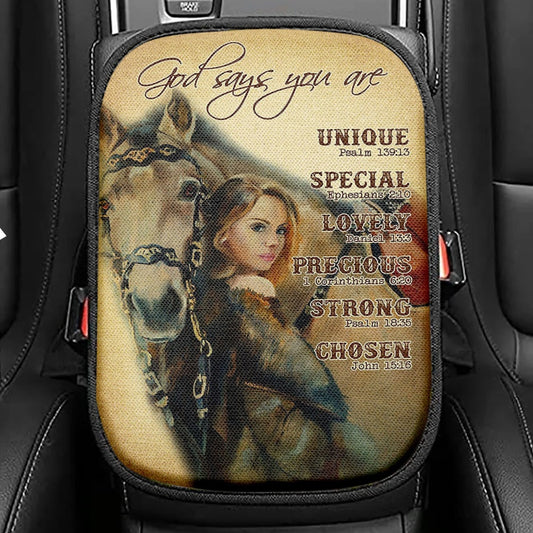 God Says You Are Sunflower Hummingbird Seat Box Cover, Christian Car Center Console Cover, Bible Verse Car Interior Accessories