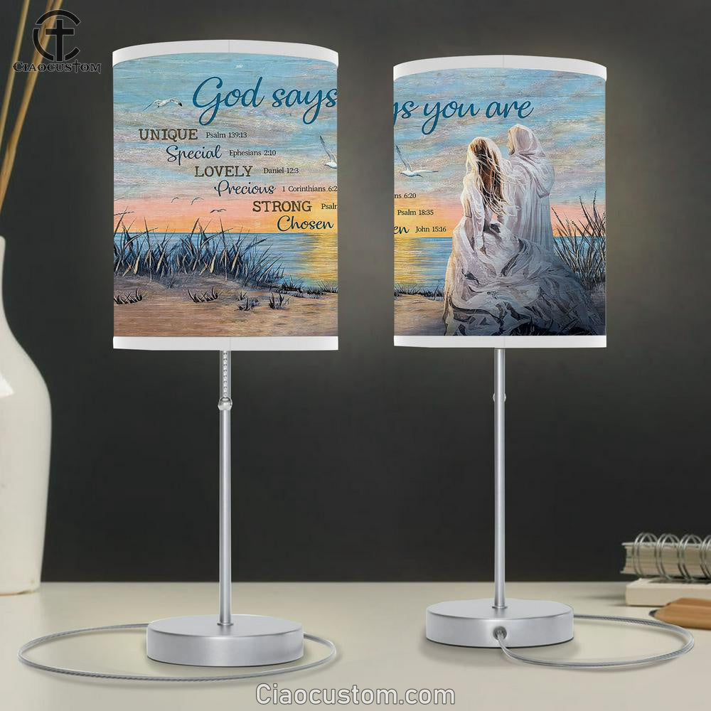 God Says You Are Table Lamp - Beautiful Girl Walks With Jesus Large Table Lamp Art - Christian Room Decor - Religious Room Decor