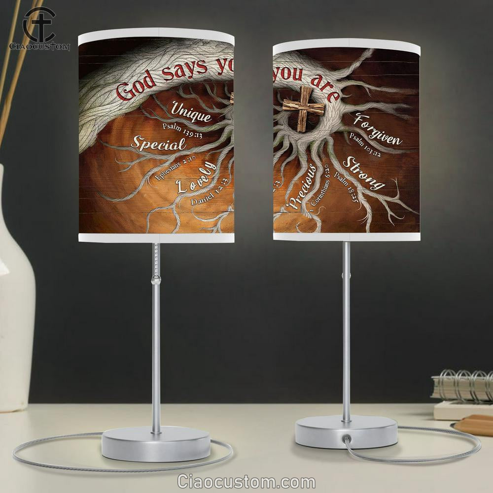 God Says You Are Tree Roots Wooden Cross Large Table Lamp Art - Christian Room Decor - Religious Room Decor