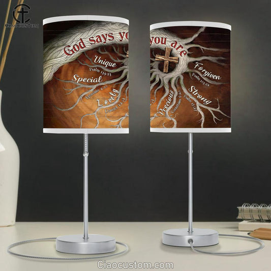 God Says You Are Tree Roots Wooden Cross Large Table Lamp Art - Christian Room Decor - Religious Room Decor