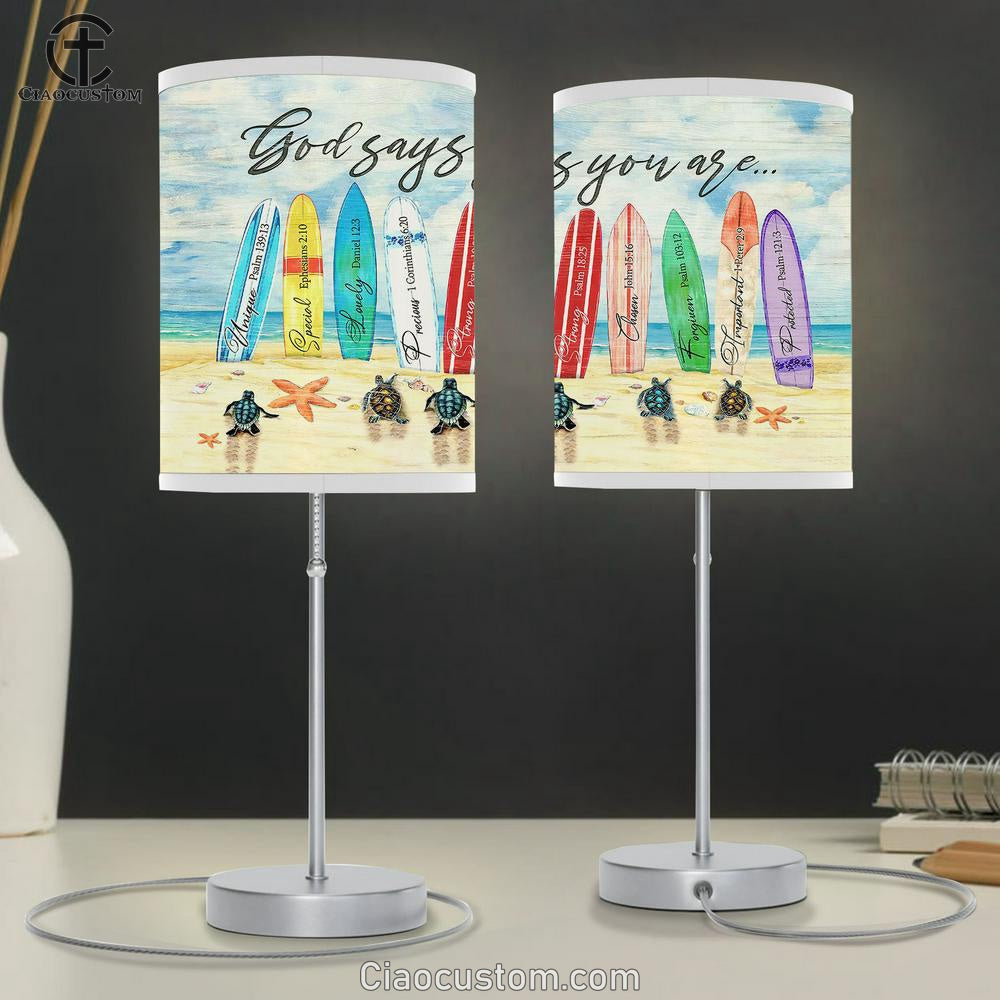 God Says You Are Turtle Surfboard Table Lamp Prints - Religious Table Lamp Art - Christian Home Decor
