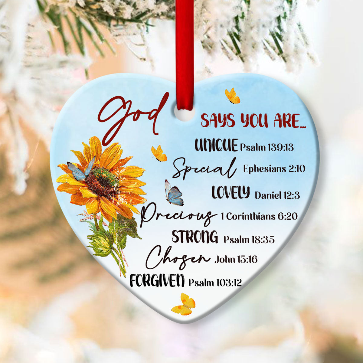 God Says You Are Unique - Beautiful Sunflower Ceramic Heart Ornament - Nativity Ornaments