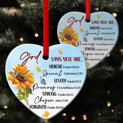 God Says You Are Unique - Beautiful Sunflower Ceramic Heart Ornament - Nativity Ornaments