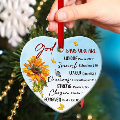 God Says You Are Unique - Beautiful Sunflower Ceramic Heart Ornament - Nativity Ornaments
