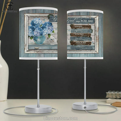 God Says You Are Unique Blue Hydrangeas, White Cat Lamp Art Table Lamp - Christian Lamp Art - Religious Art