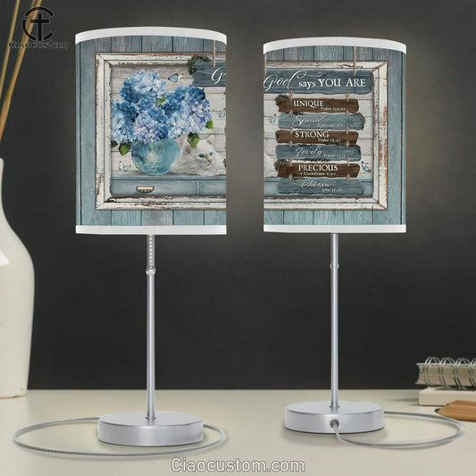 God Says You Are Unique Blue Hydrangeas, White Cat Lamp Art Table Lamp - Christian Lamp Art - Religious Art