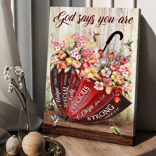 God Says You Are Unique Canvas - Flowers Red Umbrella Canvas Posters - Christian Wall Posters - Religious Wall Decor