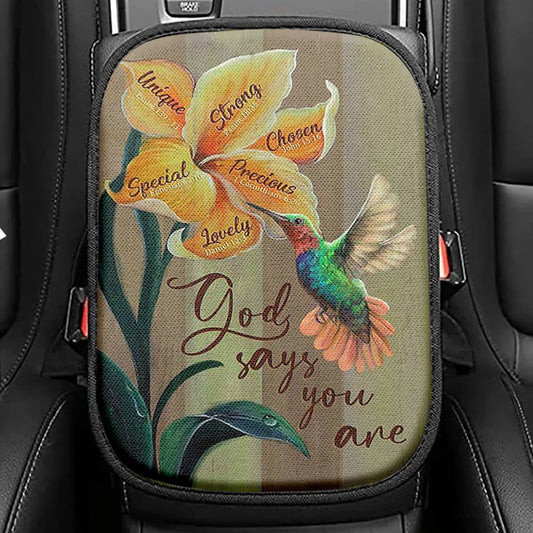 God Says You Are Unique Hummingbird Red Poppy Seat Box Cover, Bible Verse Car Center Console Cover, Christian Inspirational Car Interior Accessories