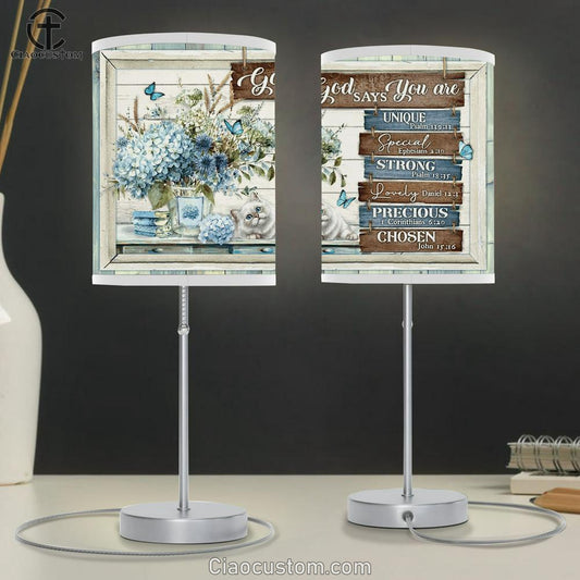 God Says You Are Unique Special Strong Lovely Precious Chosen Cat Flower Butterfly Large Table Lamp Art - Christian Lamp Art