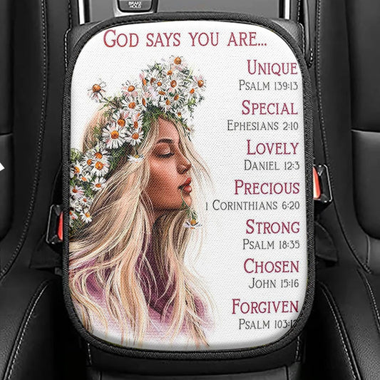 God Says You Are Unique Yellow Lily Hummingbird Seat Box Cover, Bible Verse Car Center Console Cover, Christian Inspirational Car Interior Accessories