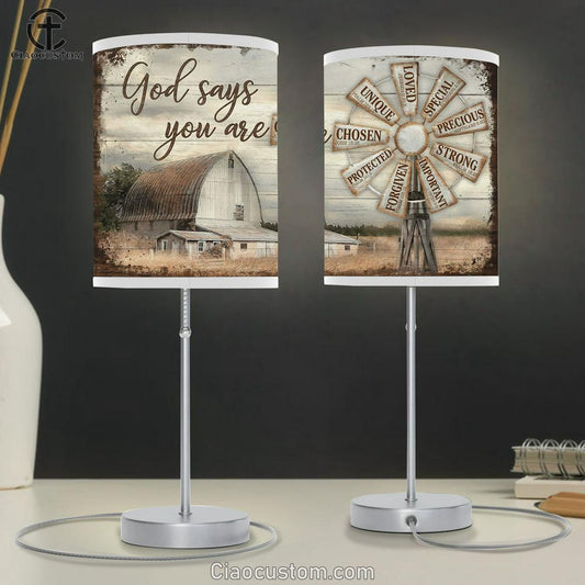 God Says You Are Windmill Farm Rustic Barn Large Table Lamp Art - Christian Lamp Art Home Decor - Religious Table Lamp Prints