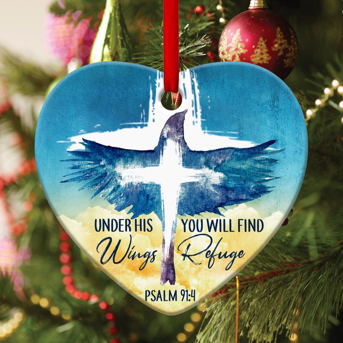 God Will Cover You Under His Wings - Special Cross Ceramic Heart Ornament - Ornaments Hanging Gift