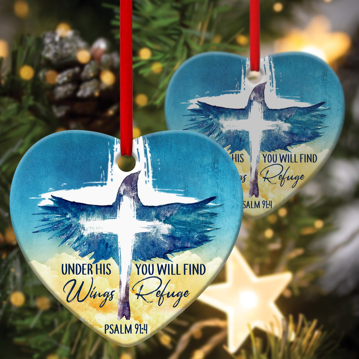 God Will Cover You Under His Wings - Special Cross Ceramic Heart Ornament - Ornaments Hanging Gift