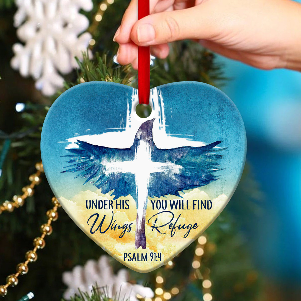 God Will Cover You Under His Wings - Special Cross Ceramic Heart Ornament - Ornaments Hanging Gift