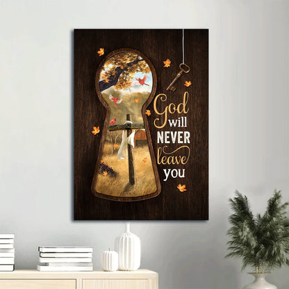 God Will Never Leave You Canvas Wall Art - Autumn Vibe Wooden Cross Red Cardinal Canvas