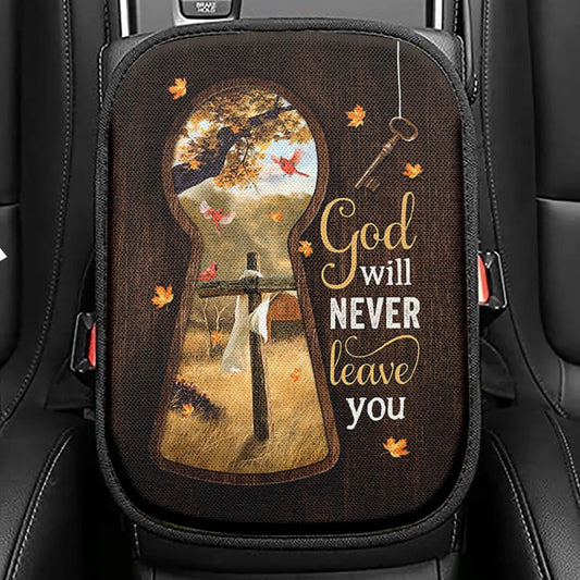 God Will Never Leave You Wooden Cross Red Cardinal Seat Box Cover, Christian Car Center Console Cover, Bible Verse Car Interior Accessories