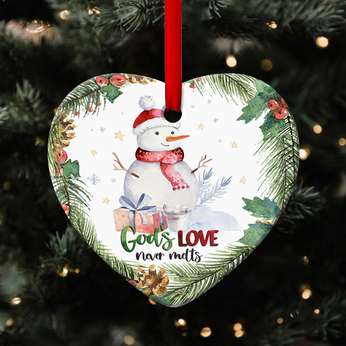 God‘s Love Never Melts - Snowman Ceramic Heart Ornament - Gift For Christmas