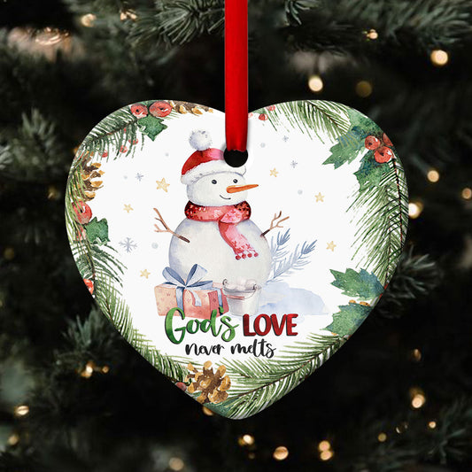 God‘s Love Never Melts - Snowman Ceramic Heart Ornament - Gift For Christmas