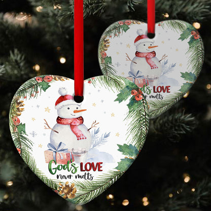 God‘s Love Never Melts - Snowman Ceramic Heart Ornament - Gift For Christmas