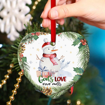 God‘s Love Never Melts - Snowman Ceramic Heart Ornament - Gift For Christmas