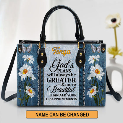 God's Plans Will Always Be Greater Than All Your Disappointments Daisy & Butterfly Leather Bag - Personalized Leather Bag for Christian Women