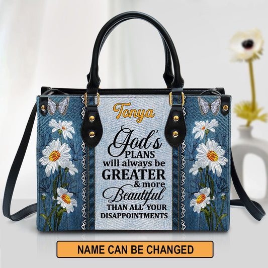 God's Plans Will Always Be Greater Than All Your Disappointments Daisy & Butterfly Leather Bag - Personalized Leather Bag for Christian Women