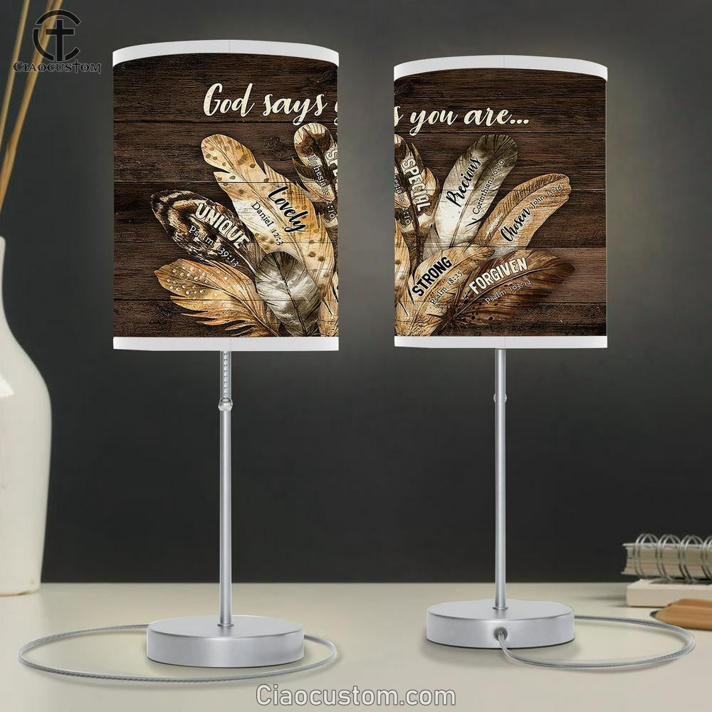 God says you are Feather Table Lamp For Bedroom - Bible Verse Table Lamp - Religious Room Decor