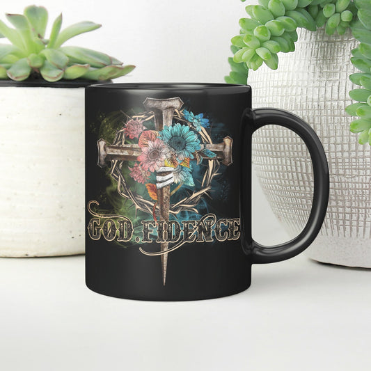 Godfidence, Flower, Three Nails, Crown Of Thorns, God Mug, Faith Mug, Jesus Mug, Christ Mug