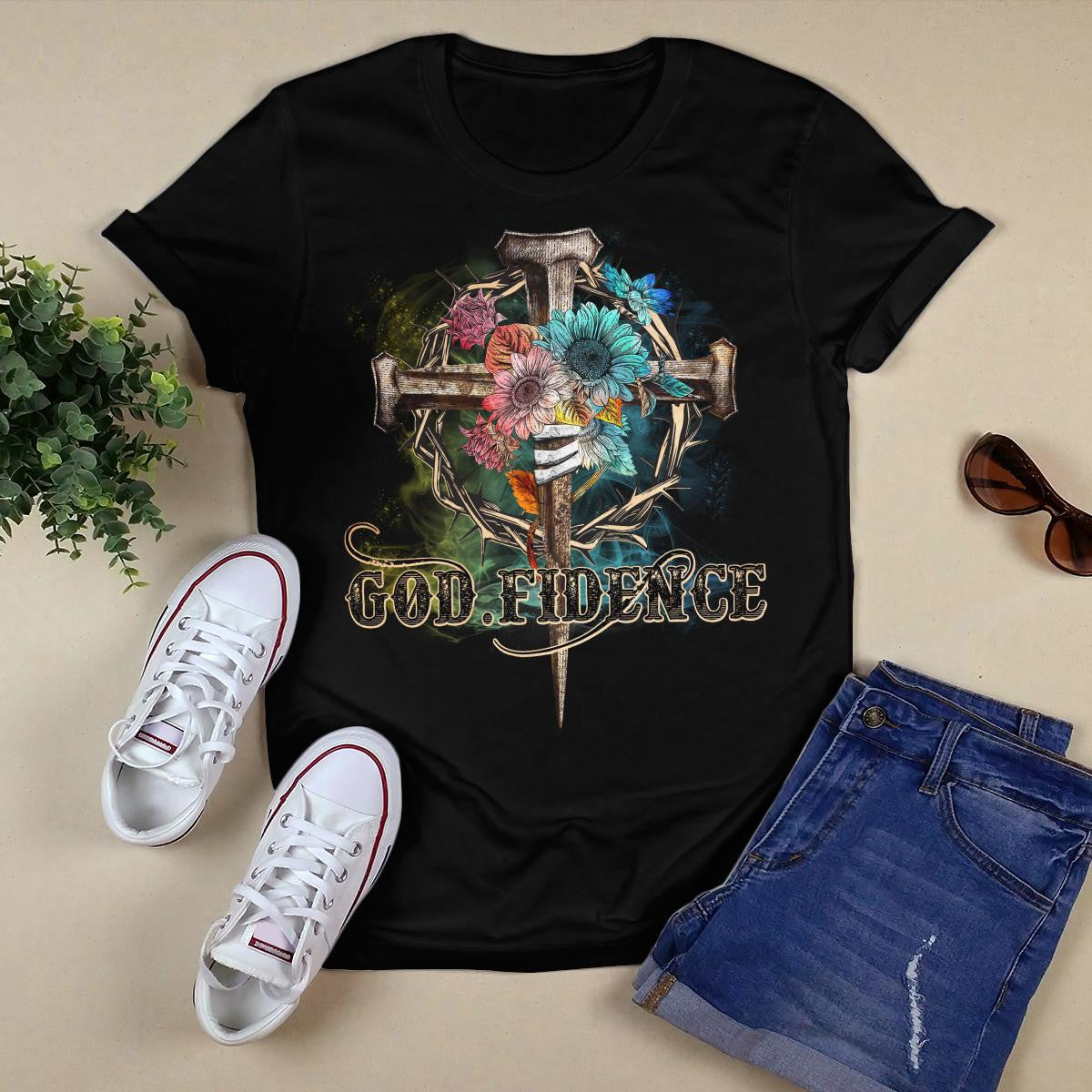 Godfidence, Flower, Three Nails, Crown Of Thorns, God T-Shirt, Faith T-Shirt, Jesus Sweatshirt Hoodie