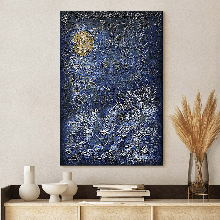 Gold Blue Art Golden Moon Abstract Painting Canvas Wall Art - Canvas Wall Decor - Home Decor Living Room