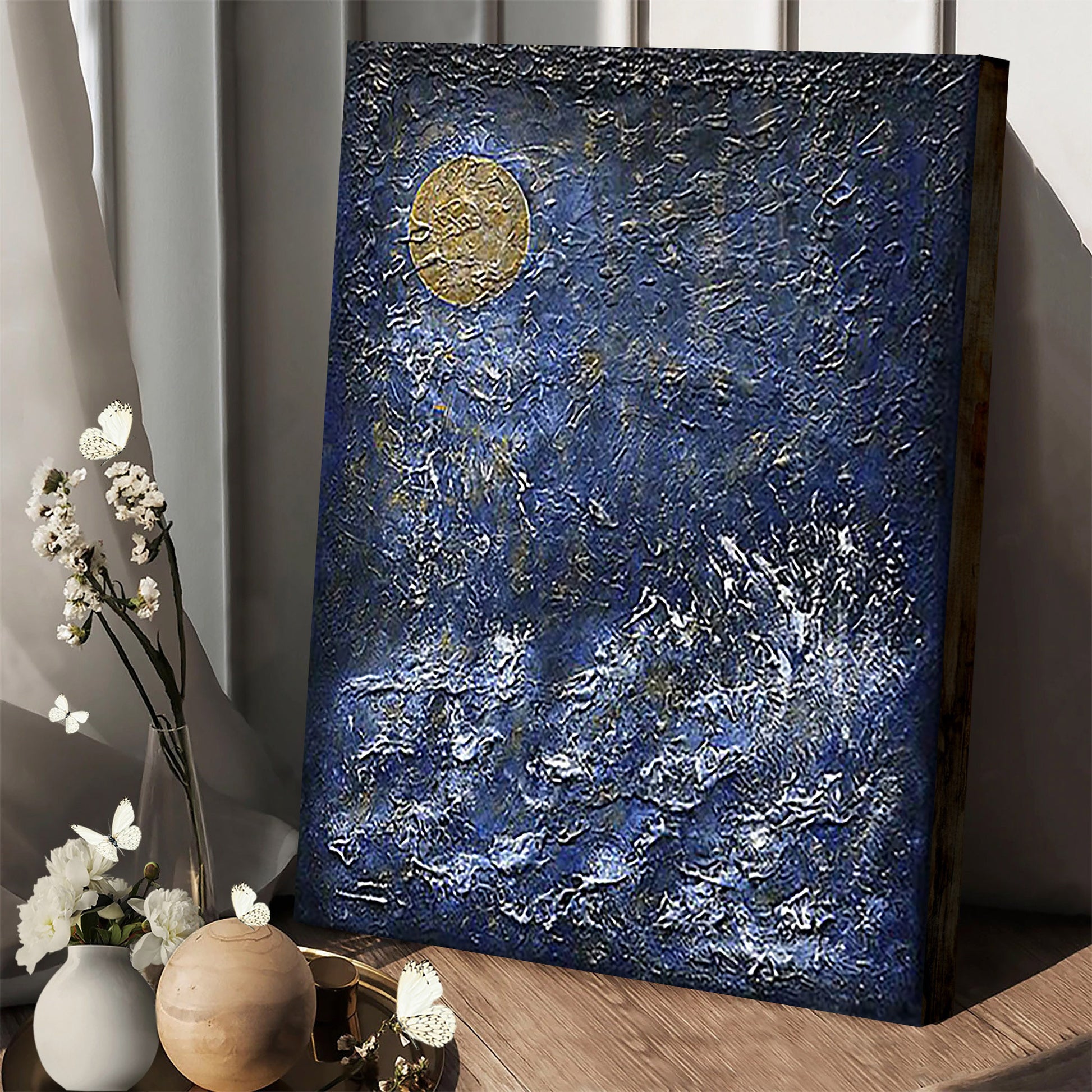 Gold Blue Art Golden Moon Abstract Painting Canvas Wall Art - Canvas Wall Decor - Home Decor Living Room