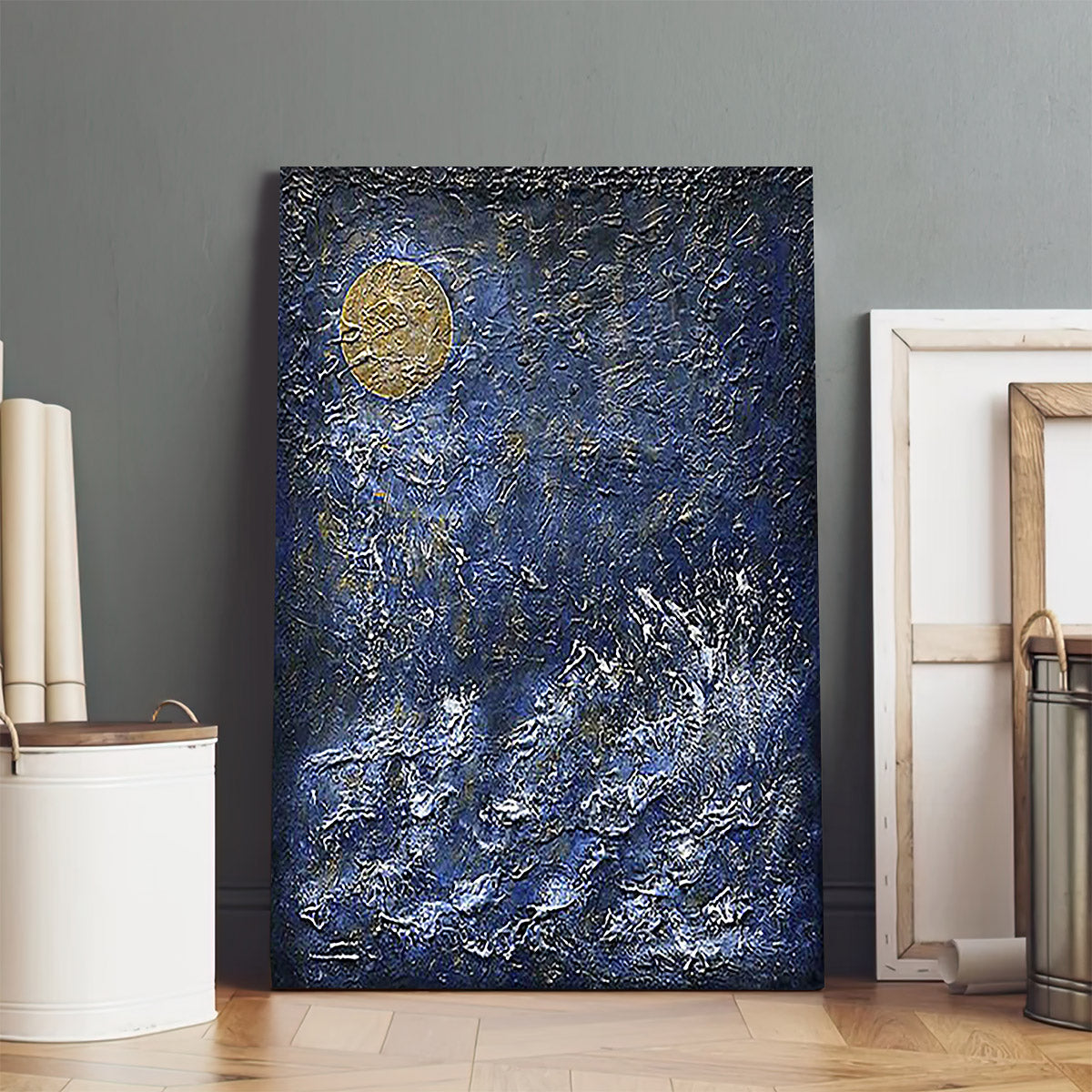 Gold Blue Art Golden Moon Abstract Painting Canvas Wall Art - Canvas Wall Decor - Home Decor Living Room