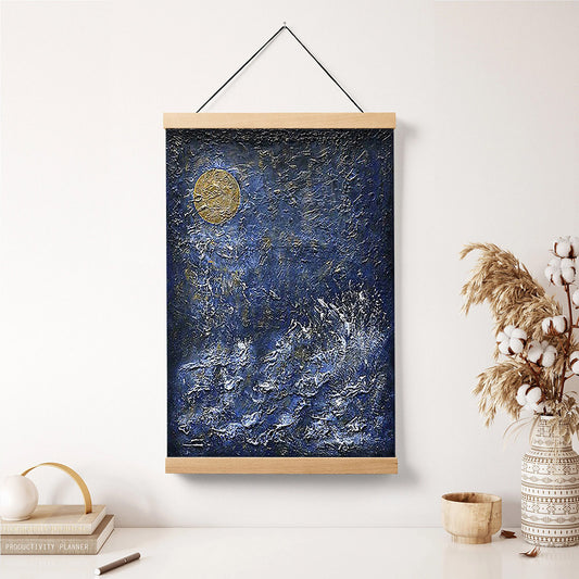 Gold Blue Art Golden Moon Abstract Painting Hanging Canvas Wall Art - Canvas Wall Decor - Home Decor Living Room
