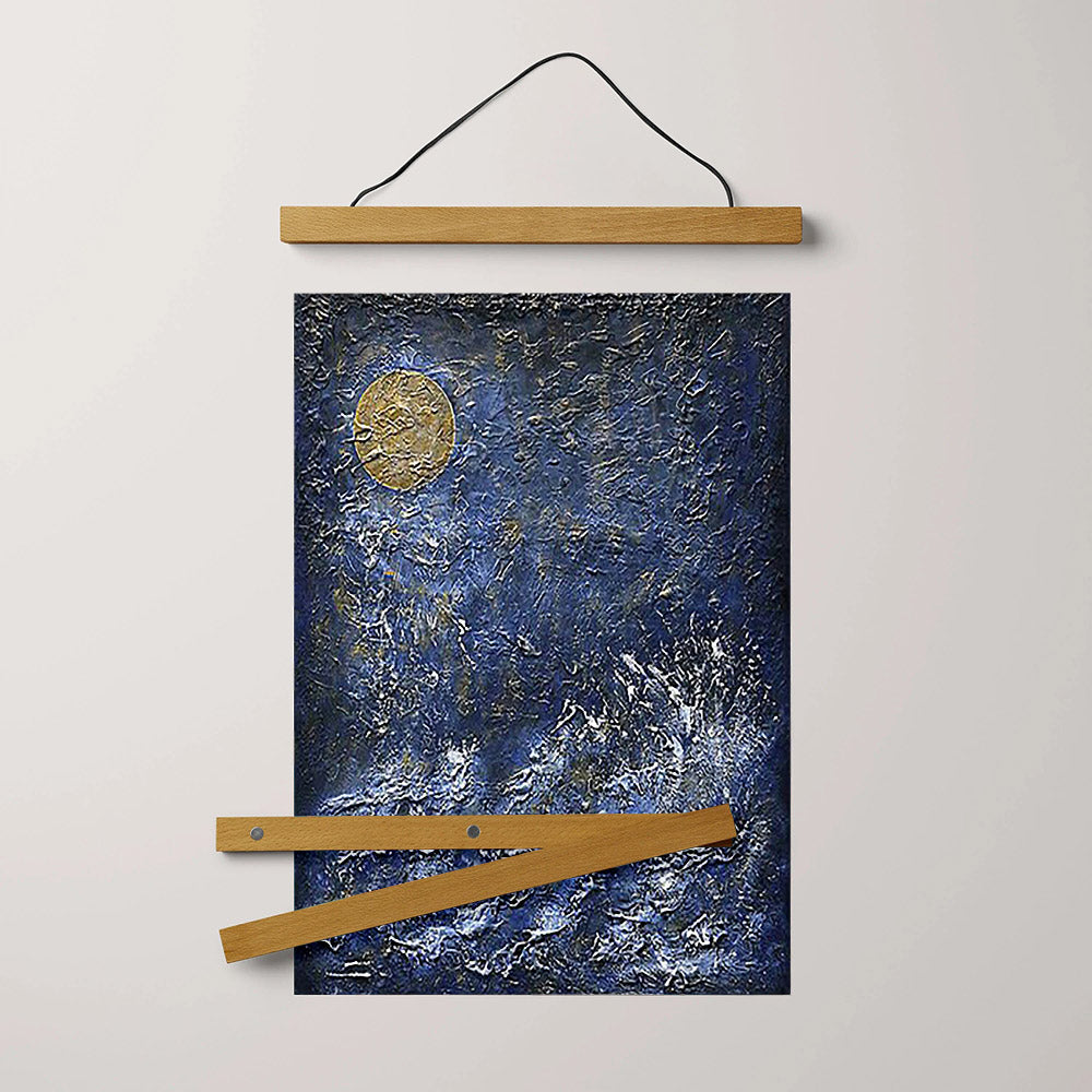Gold Blue Art Golden Moon Abstract Painting Hanging Canvas Wall Art - Canvas Wall Decor - Home Decor Living Room