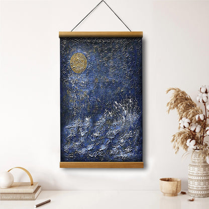 Gold Blue Art Golden Moon Abstract Painting Hanging Canvas Wall Art - Canvas Wall Decor - Home Decor Living Room