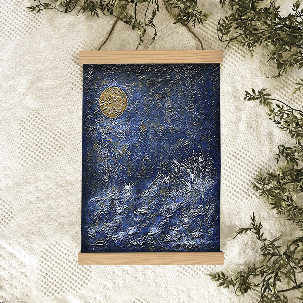 Gold Blue Art Golden Moon Abstract Painting Hanging Canvas Wall Art - Canvas Wall Decor - Home Decor Living Room