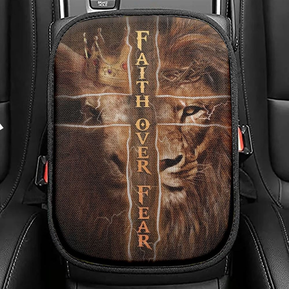Golden Crown, Lion King, Cross, Faith Over Fear Car Center Console Cover, Christian Armrest Seat Cover, Bible Seat Box Cover