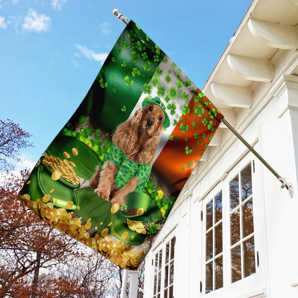Golden English Cocker Spaniel House Flag - St Patrick's Day Garden Flag - Outdoor St Patrick's Day Decor