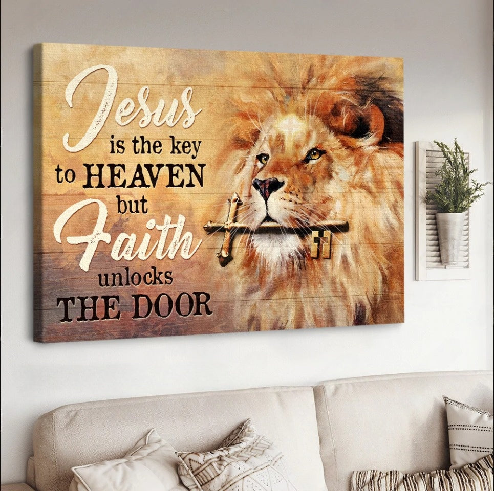 Golden Key Beautiful Lion Jesus Is The Key To Heaven Canvas Wall Art - Jesus Canvas Pictures - Christian Wall Posters