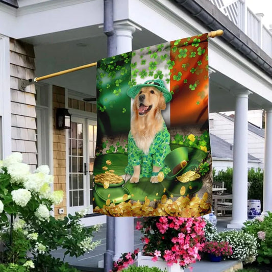Golden Retriever House Flag - St Patrick's Day Garden Flag - Outdoor St Patrick's Day Decor