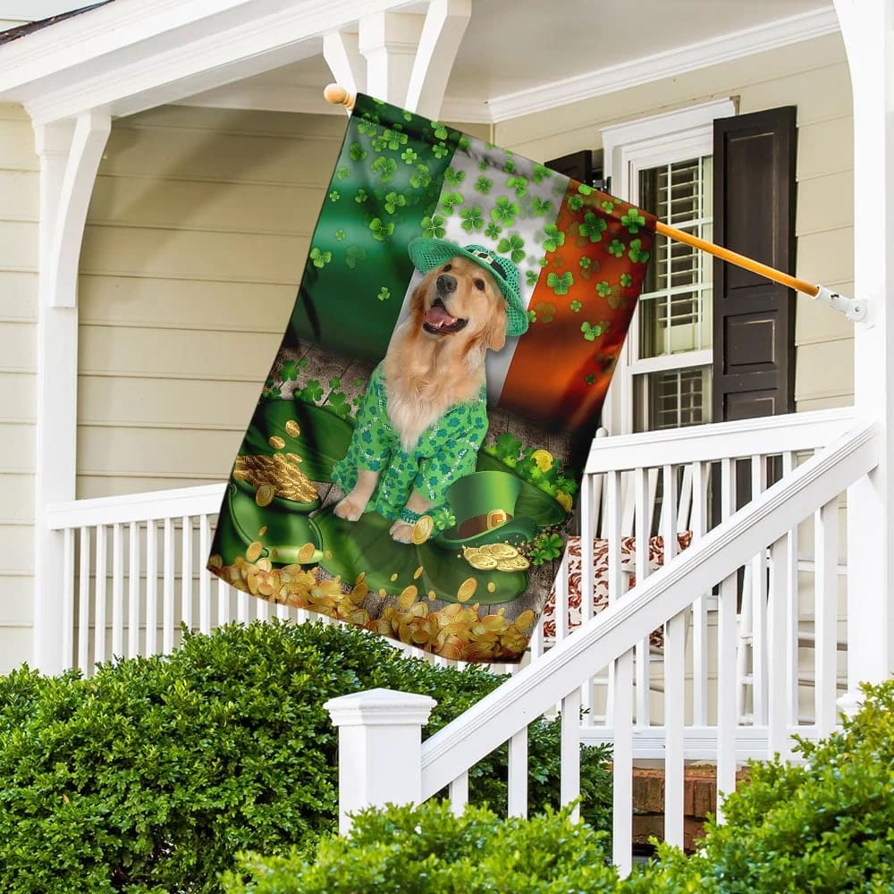Golden Retriever House Flag - St Patrick's Day Garden Flag - Outdoor St Patrick's Day Decor