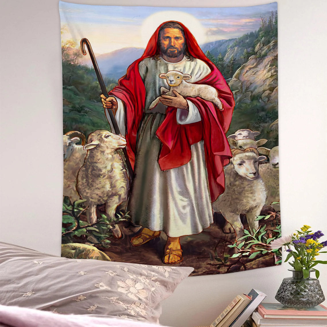 Jesus The Good Shepherd Tapestry - Christian Tapestry - Jesus Wall Tapestry - Religious Tapestry Wall Hangings - Bible Verse Tapestry - Ciaocustom