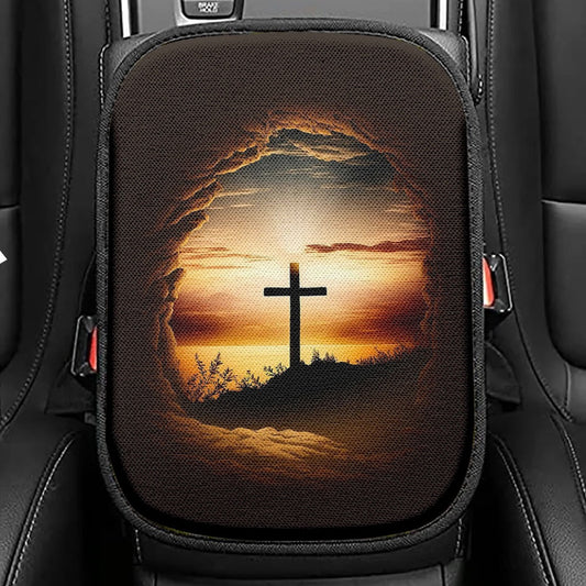 Good Friday Cross Golden Sunset Sky Seat Box Cover, Religious Car Center Console Cover, Christian Car Interior Accessories